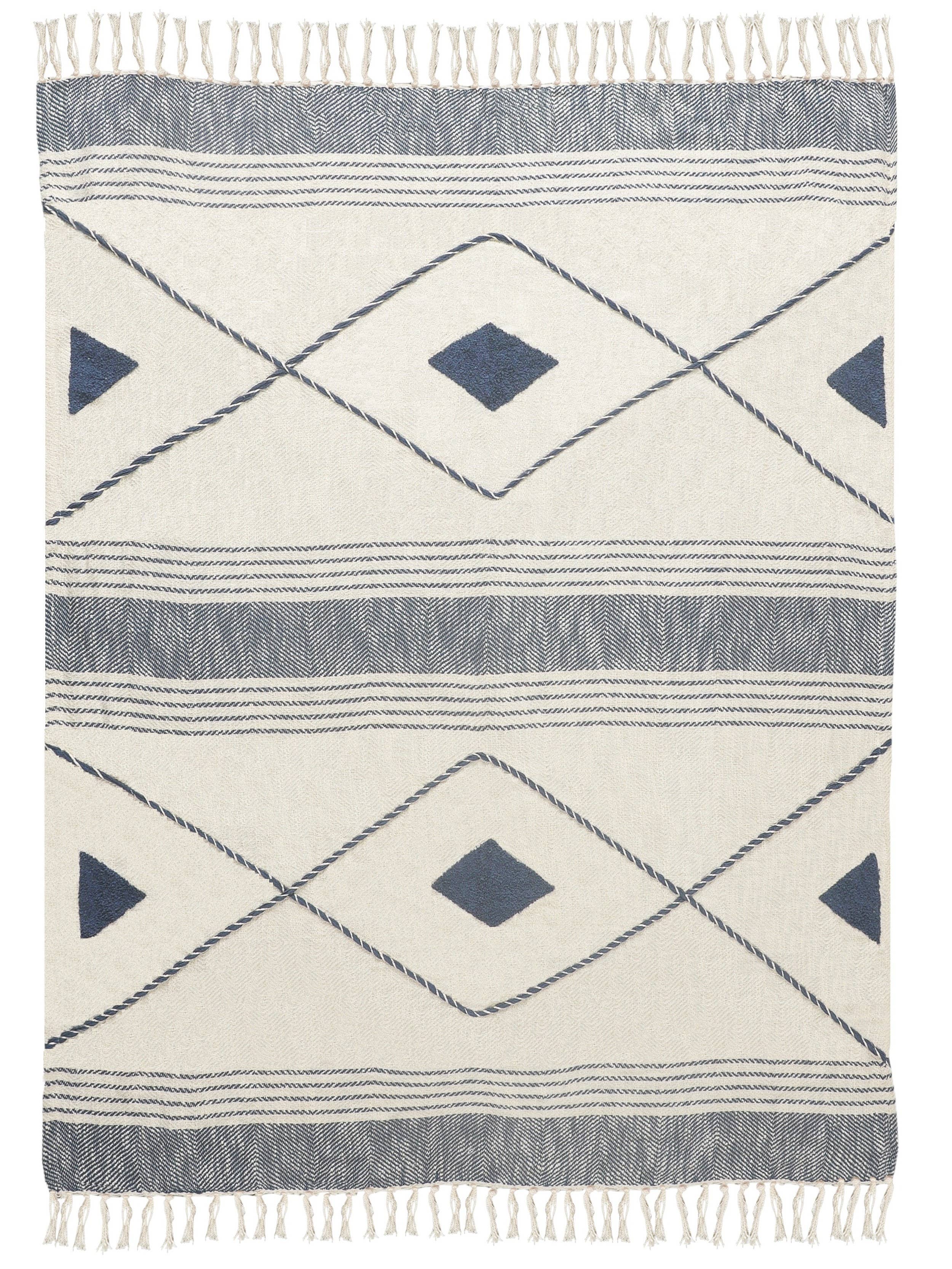 Coastal Edge Geometric Diamond Throw Blanket with Fringe: Blue/White