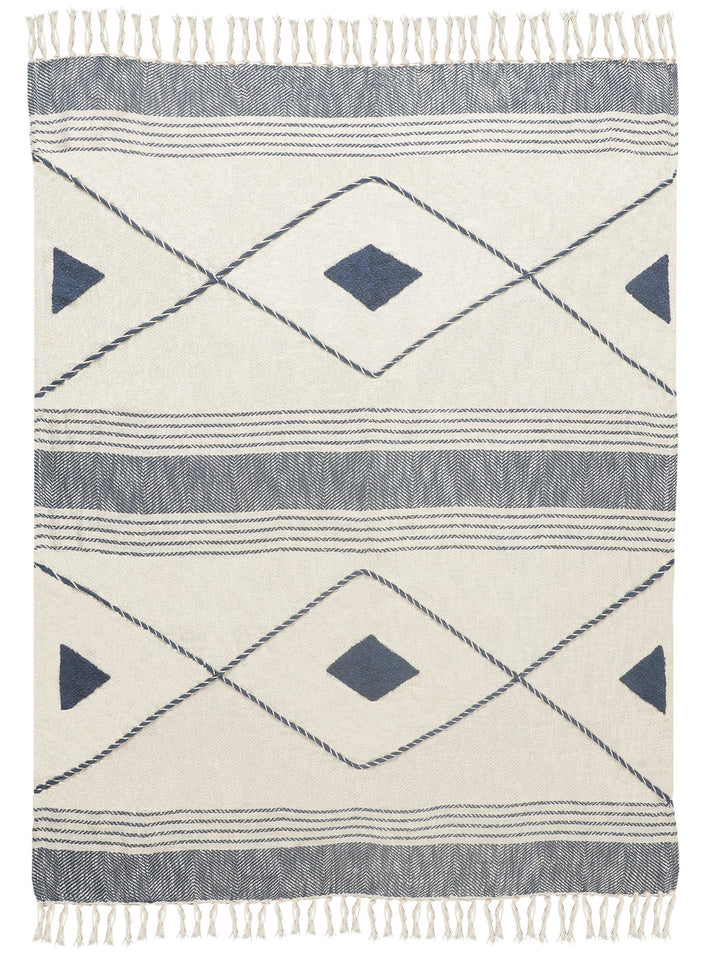 Coastal Edge Geometric Diamond Throw Blanket with Fringe: Blue/White