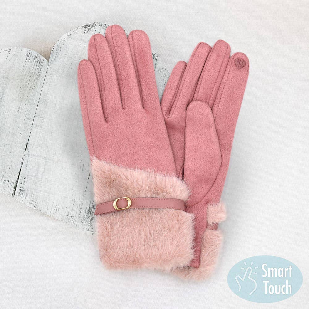 Faux Fur And Strap Cuff Smart Touch Gloves: Pink