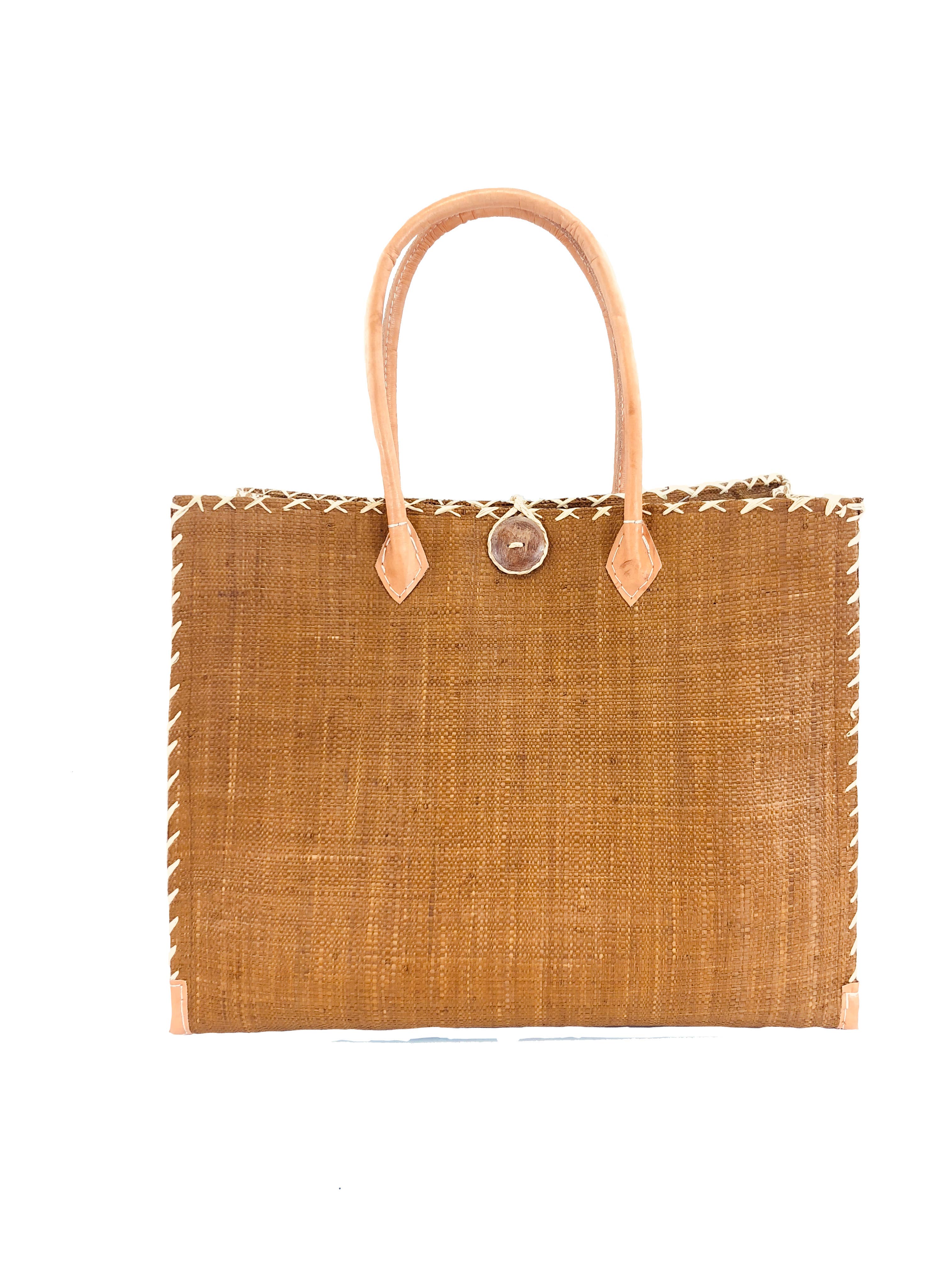 Zafran Solid Straw Beach Bag with Plastic Liner - 2 Sizes: Large / Fuschia