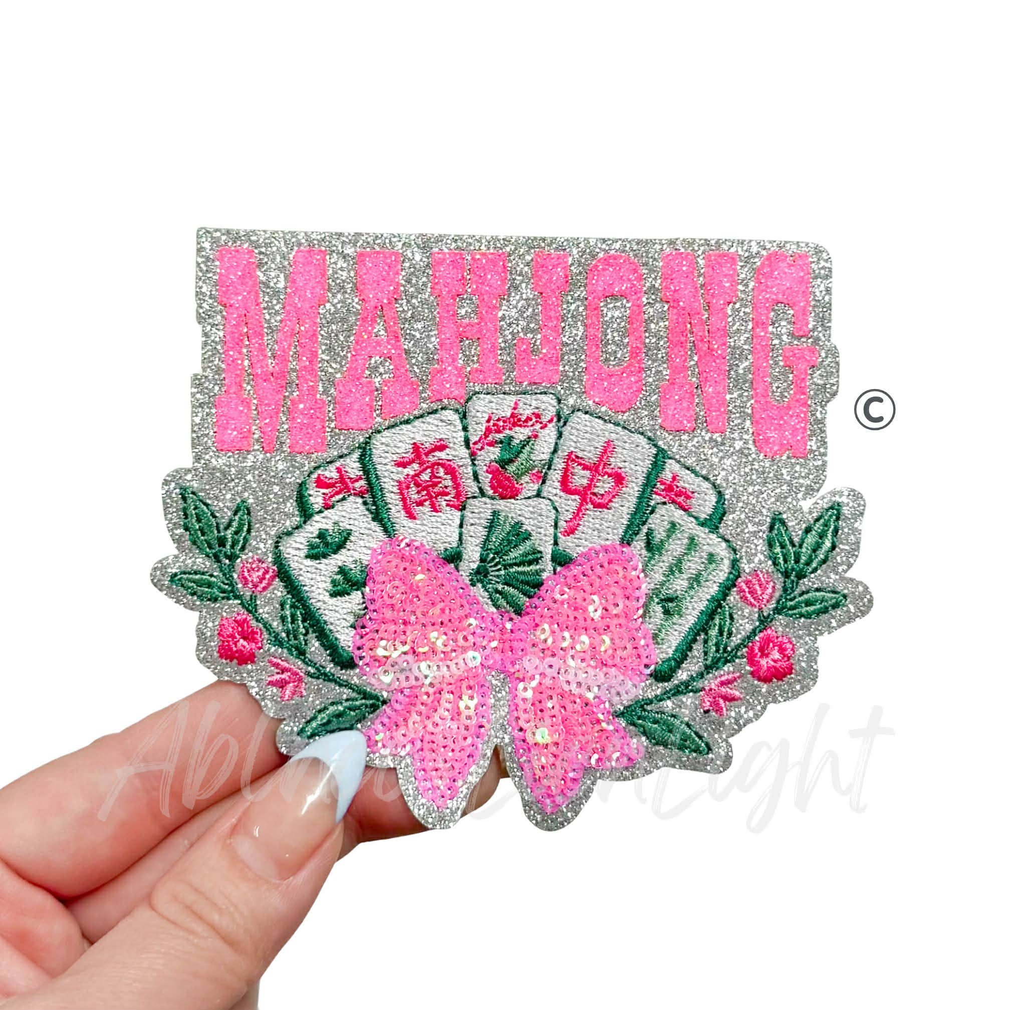 Pink Bow Mahjong Tiles Sequins Patch - Small
