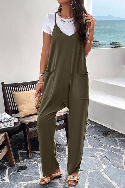 Pocketed Spaghetti Strap Overalls: Black / L