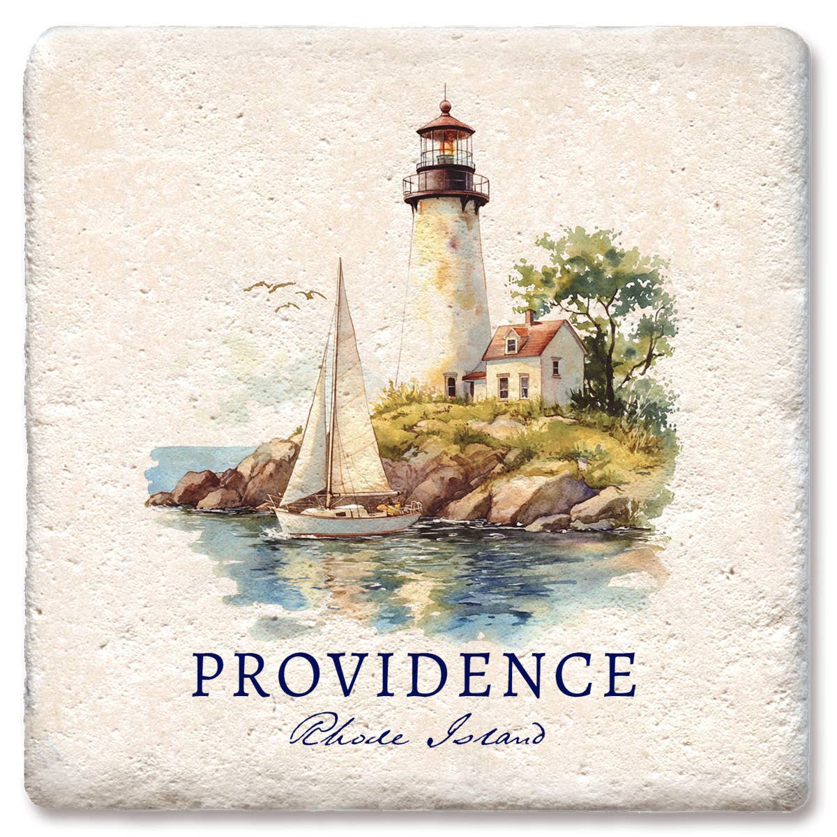 Custom Lighthouse Sailboat Name Drop Coaster: Limestone