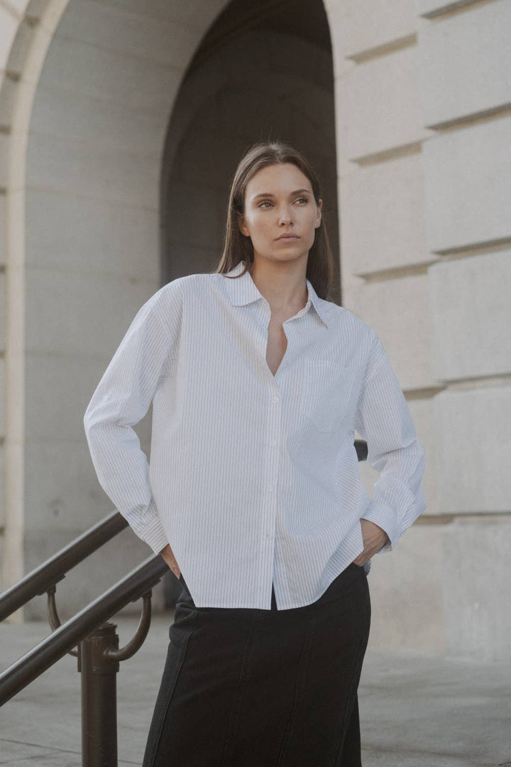 The Annalise Top | Pinstripe Button-Down Top: BLUE/WHITE / LARGE