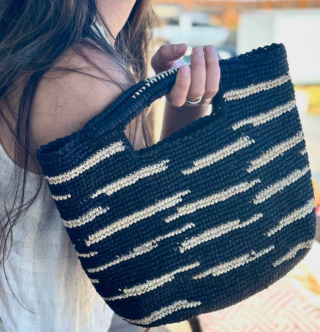 Mini ConCon Crochet Petite Straw Basket: Natural Two Tone Zebra Stripe