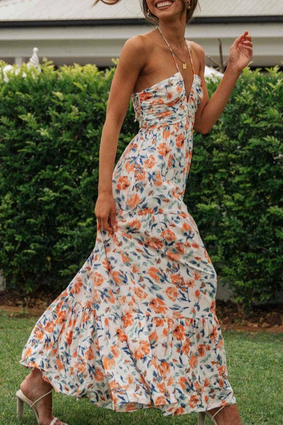 Plunge halter backless floral swing maxi sun dress: Orange / XL