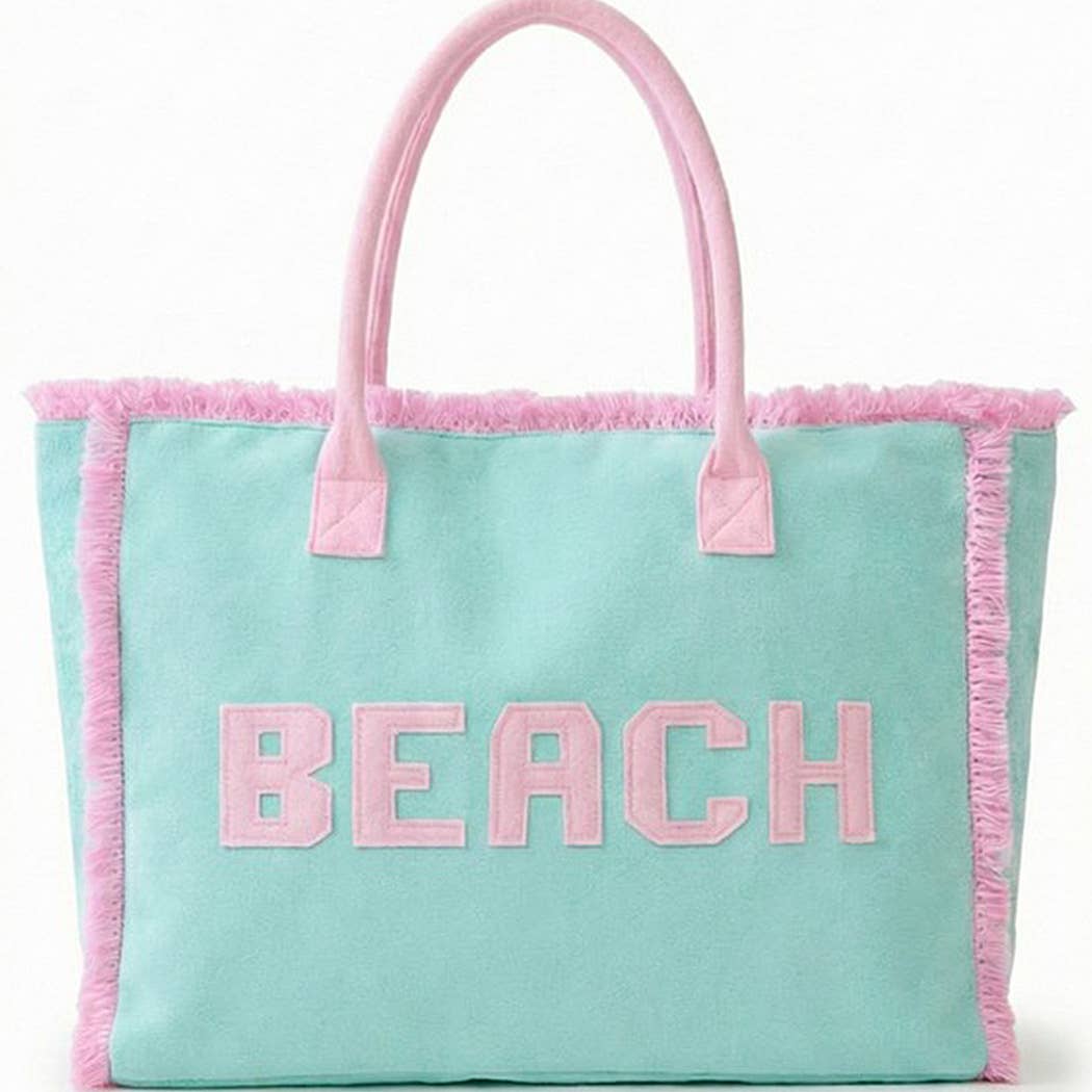 Embroidered Beach Letter Terry Cloth Frayed Tote Bag
