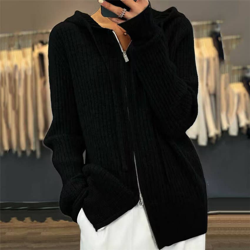 CWOHOL0354_ Casual Zip-Up Open Front Hoodie Cardigan Sweater: GREY / (OS) 1