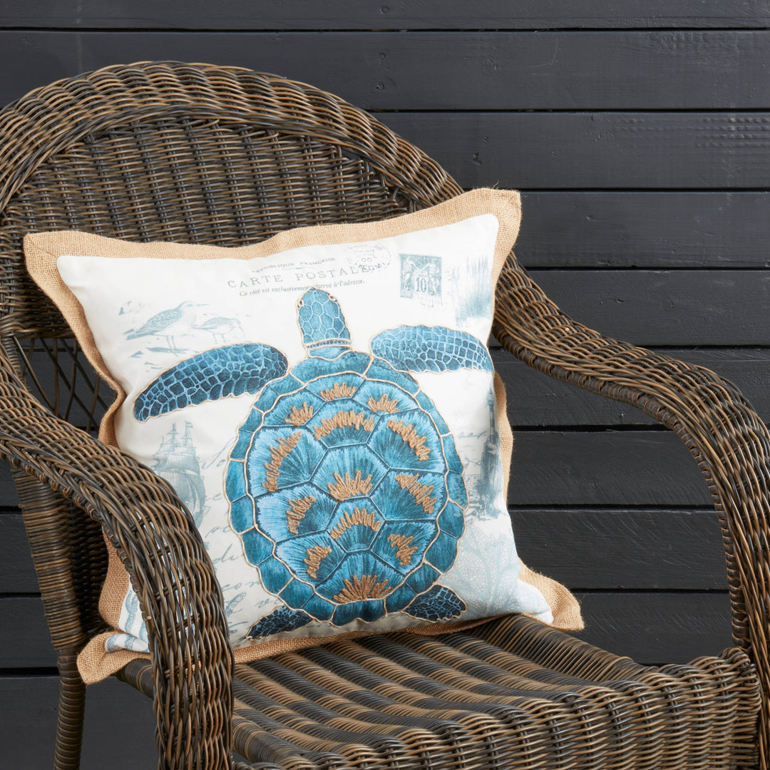 Coastal Outdoor Turtle Pillow: Navy Blue / Poly Filled / 18"