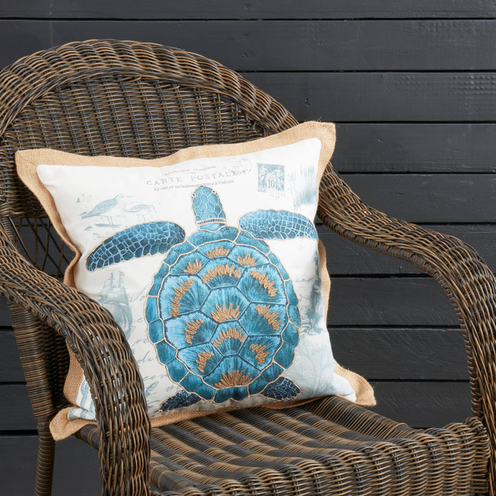 Coastal Outdoor Turtle Pillow: Navy Blue / Poly Filled / 18"