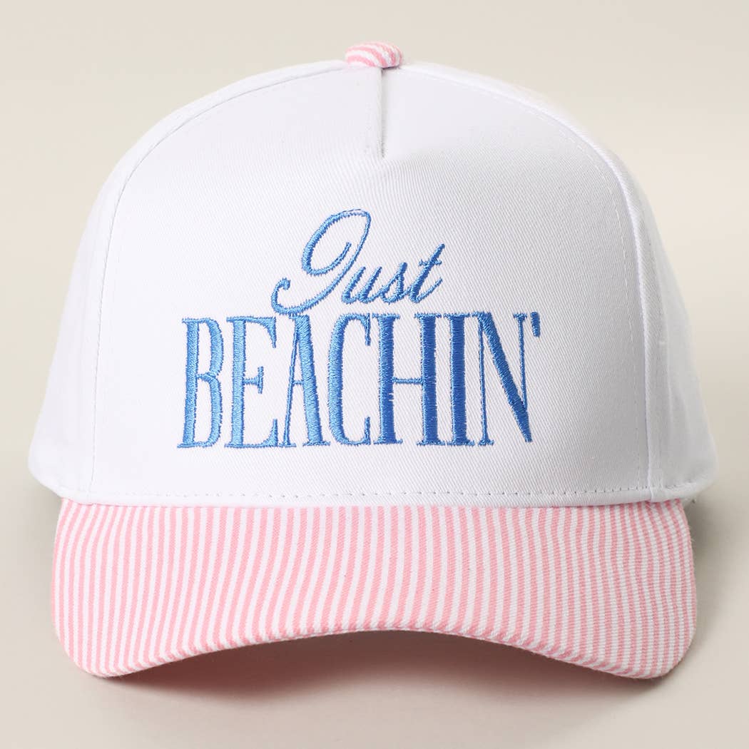 JUST BEACHIN' Embroidered Stripe Brim Trucker Hat