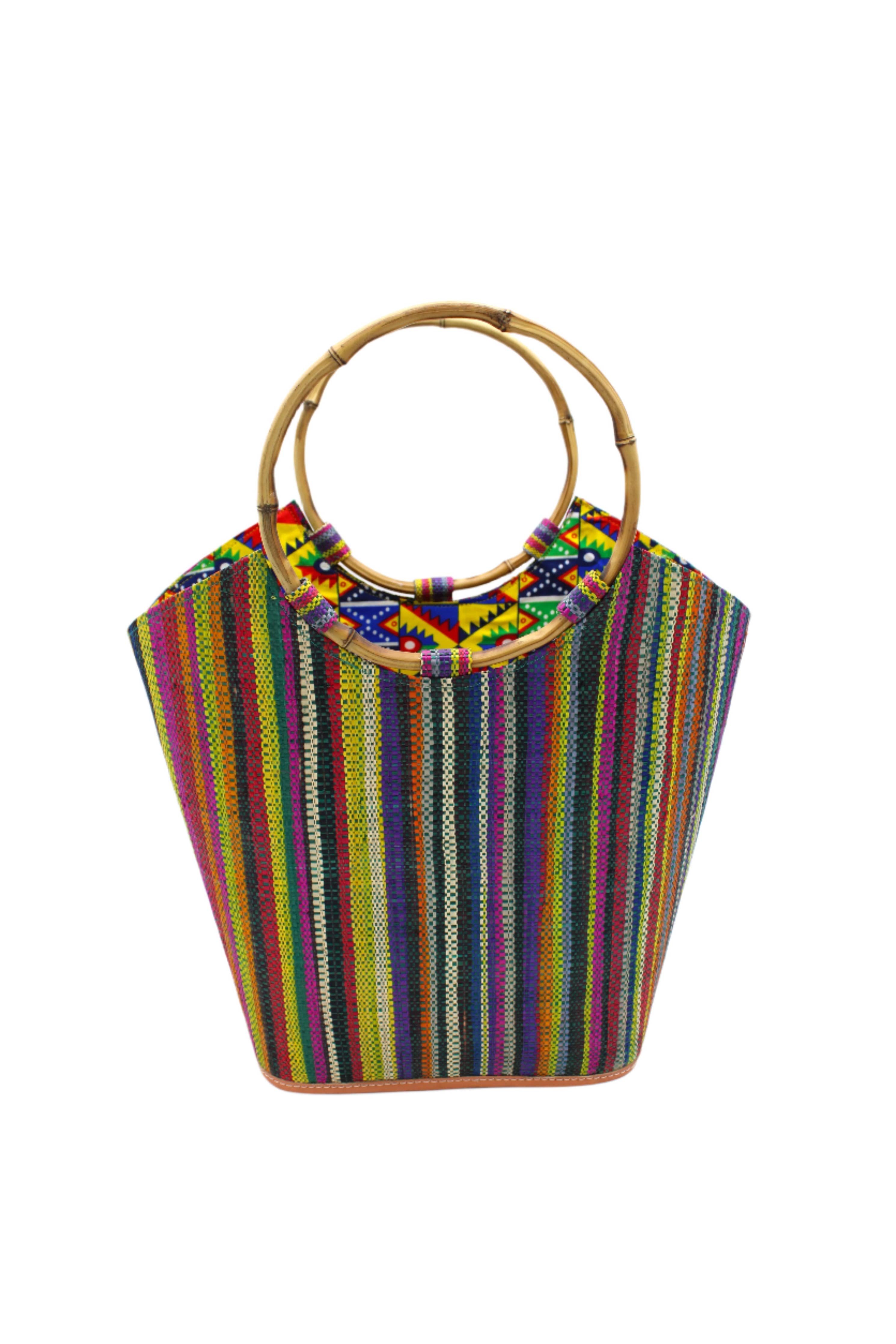 Carmen Straw Bucket Bag with Bamboo Handles: Denim