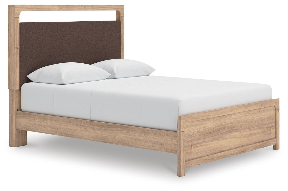Kinlanni - 3 Pc. - Queen Upholstered Panel Bed With Roll Slats, Dresser And Mirror - Tan