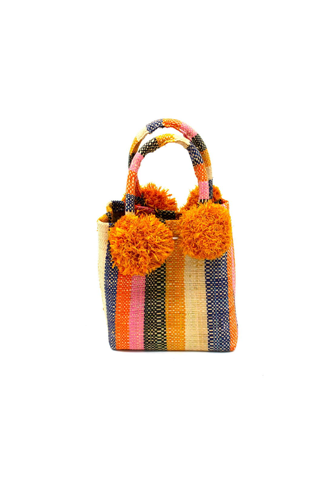 Schooner Straw Mini Bag with Pompom Accent: Black Two Tone Stripe