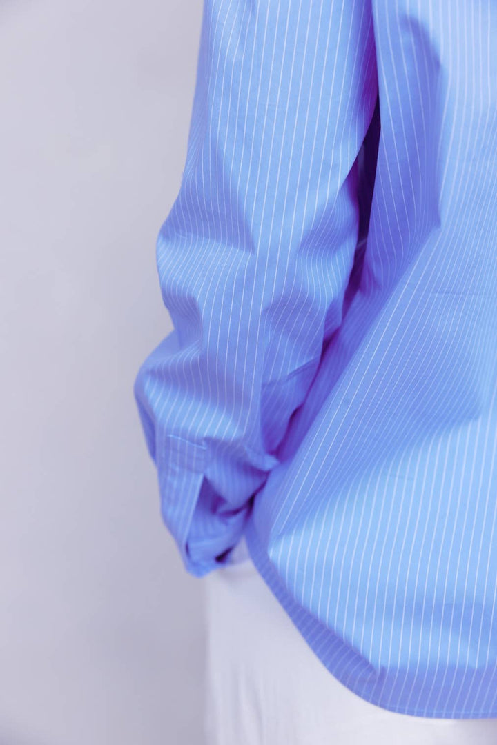 The Annalise Top | Pinstripe Button-Down Top: BLUE/WHITE / LARGE