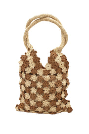 Amalie Two Tone Daisy Flower Crochet Straw Shoulder Bag: Cappuccino & Natural