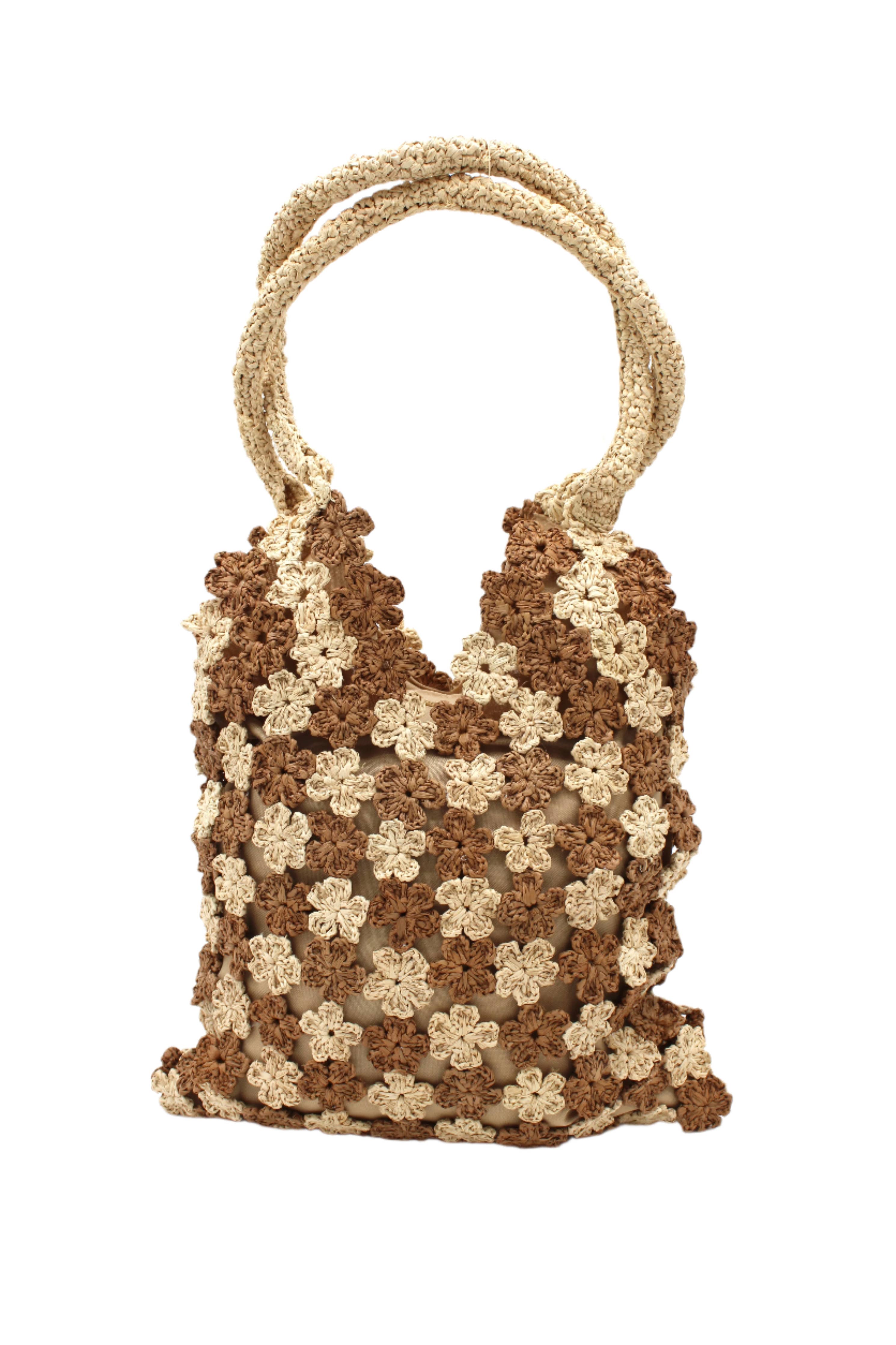 Amalie Two Tone Daisy Flower Crochet Straw Shoulder Bag: Cappuccino & Natural
