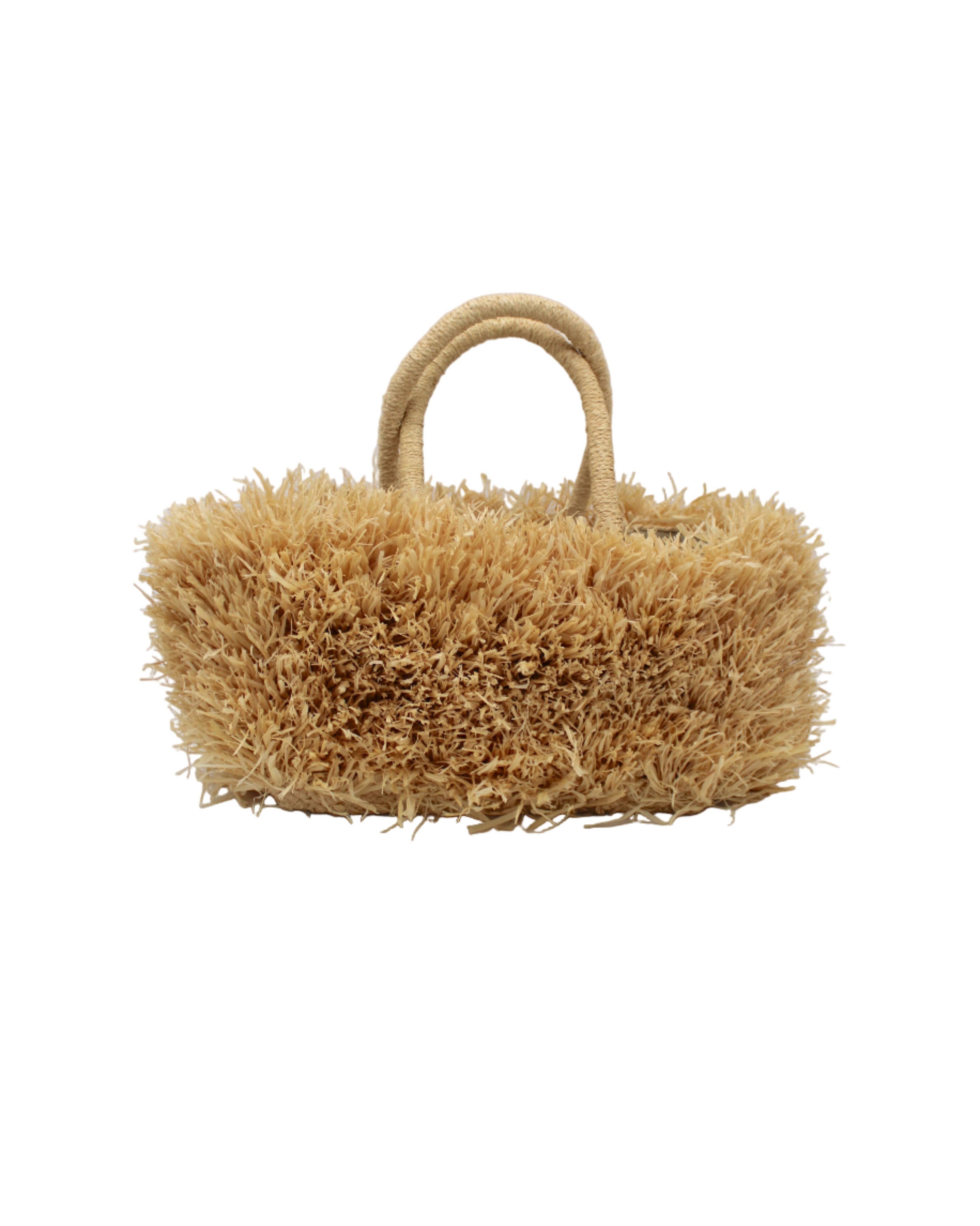 Calypso Pompom Pouf Crochet Straw Basket Handbag: Natural