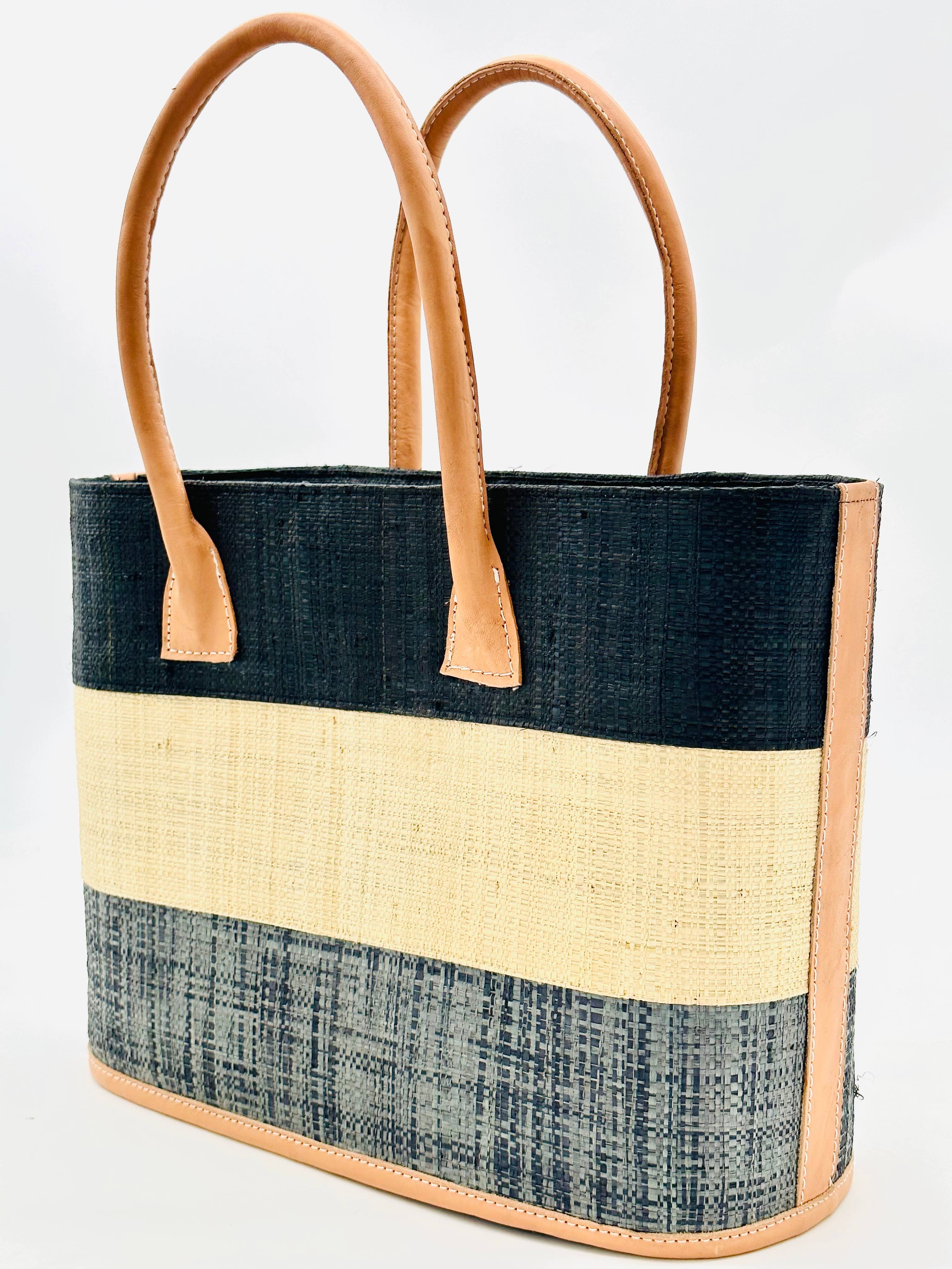 Santorini Color Block Straw Basket Bag Handbag: Small / Tobacco & Black