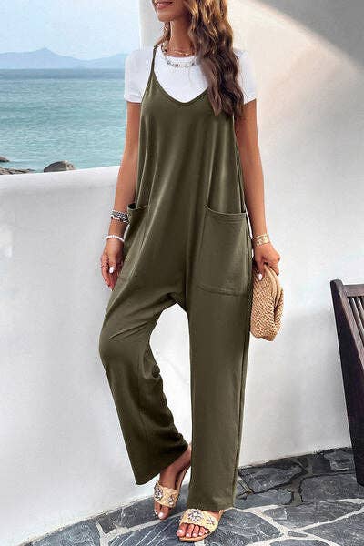 Pocketed Spaghetti Strap Overalls: Black / L