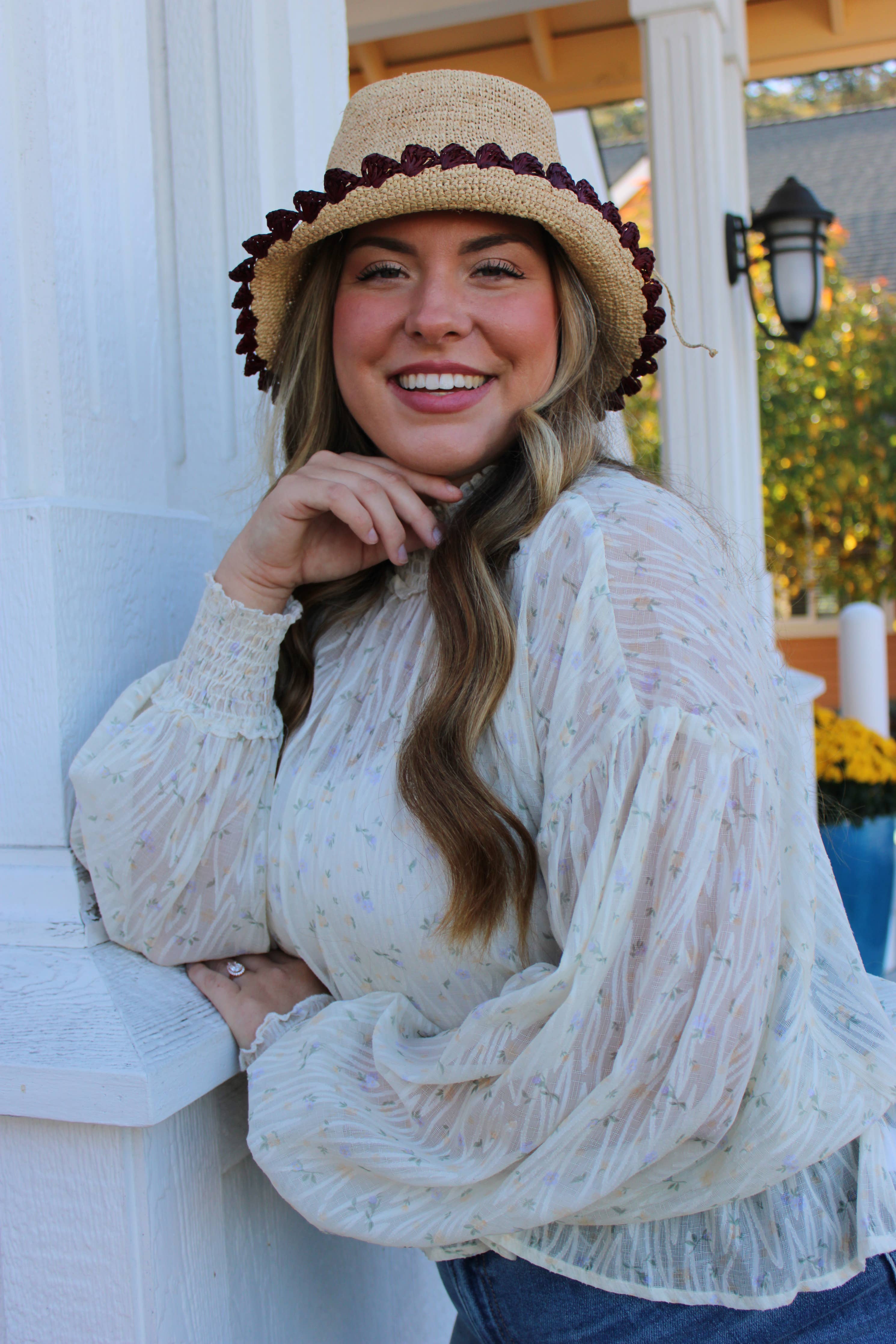 Kate 3" Brim Crochet Bucket Straw Hats with Colored Edge: Fuchsia