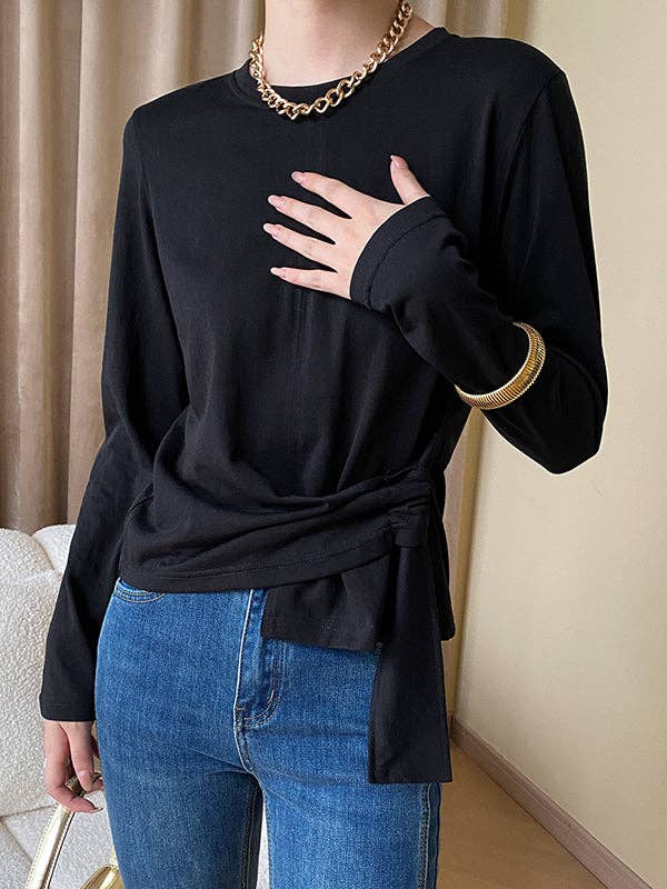Long Sleeves Asymmetric Bowknot Solid Color Round-Neck T-Shirts Tops: BLACK / One_size