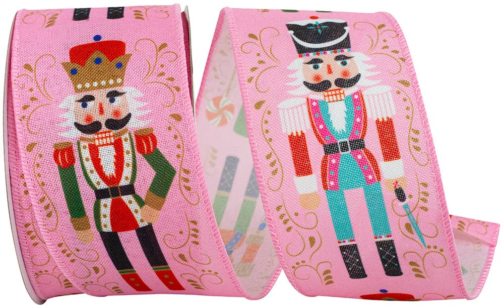 Nutcracker Scroll Wired Edge Ribbon, Pink, 2-1/2 In