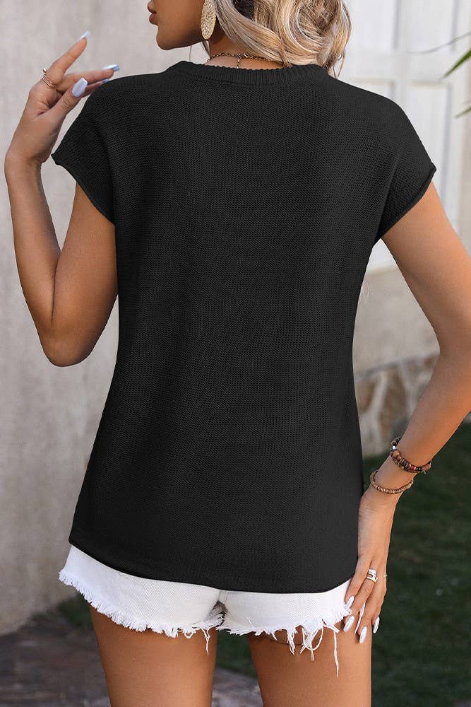 Plain Exposed Seam Knit Round Neck Short Sleeves Top MD114: Green / XL