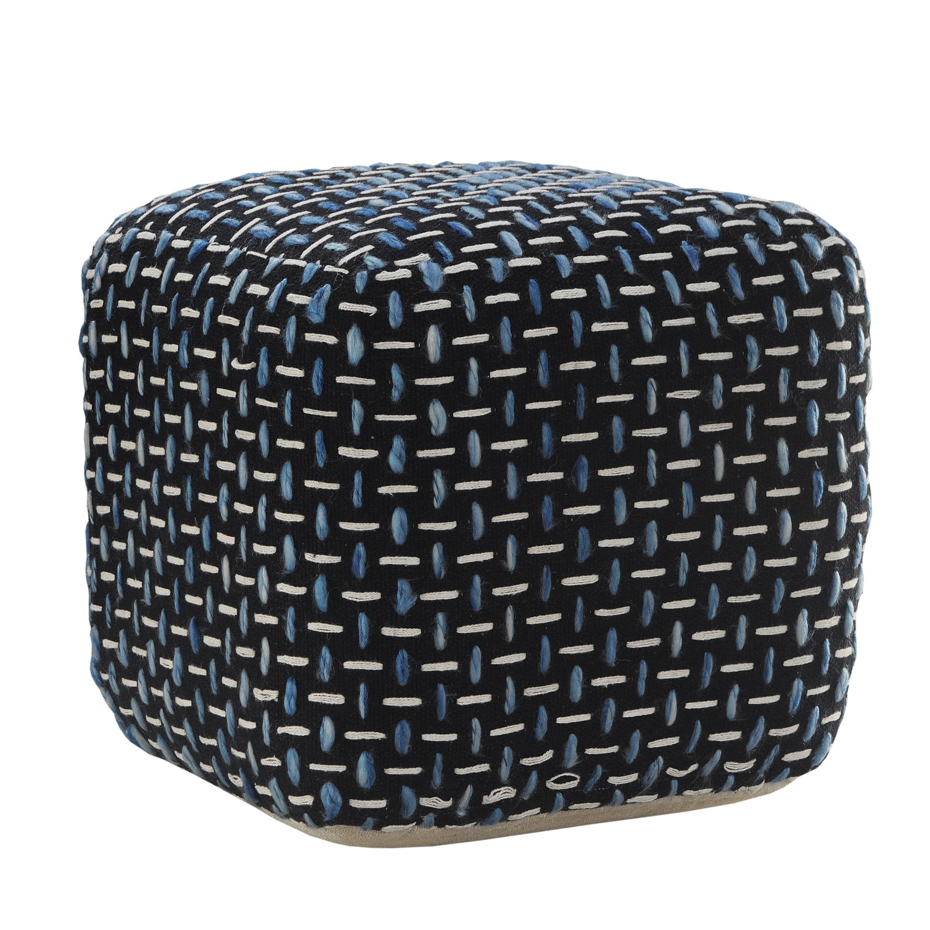 Modern Interwoven Geometric Pouf: Black/White/Blue