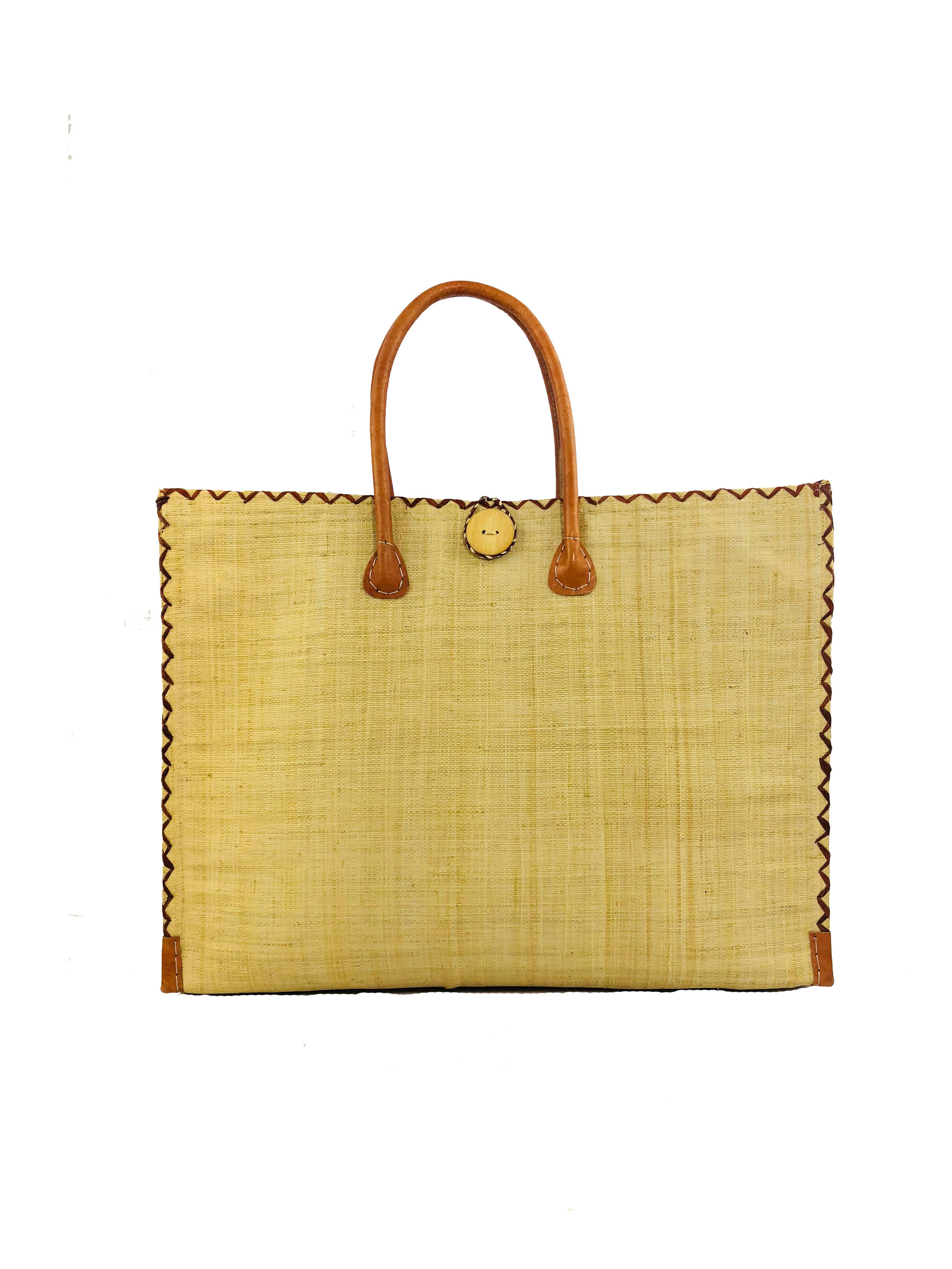 Zafran Solid Straw Beach Bag with Plastic Liner - 2 Sizes: Large / GREY