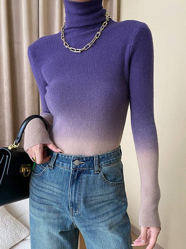 Long Sleeves Skinny Gradient High-Neck Pullovers Sweater Tops: CAMEL / One_size