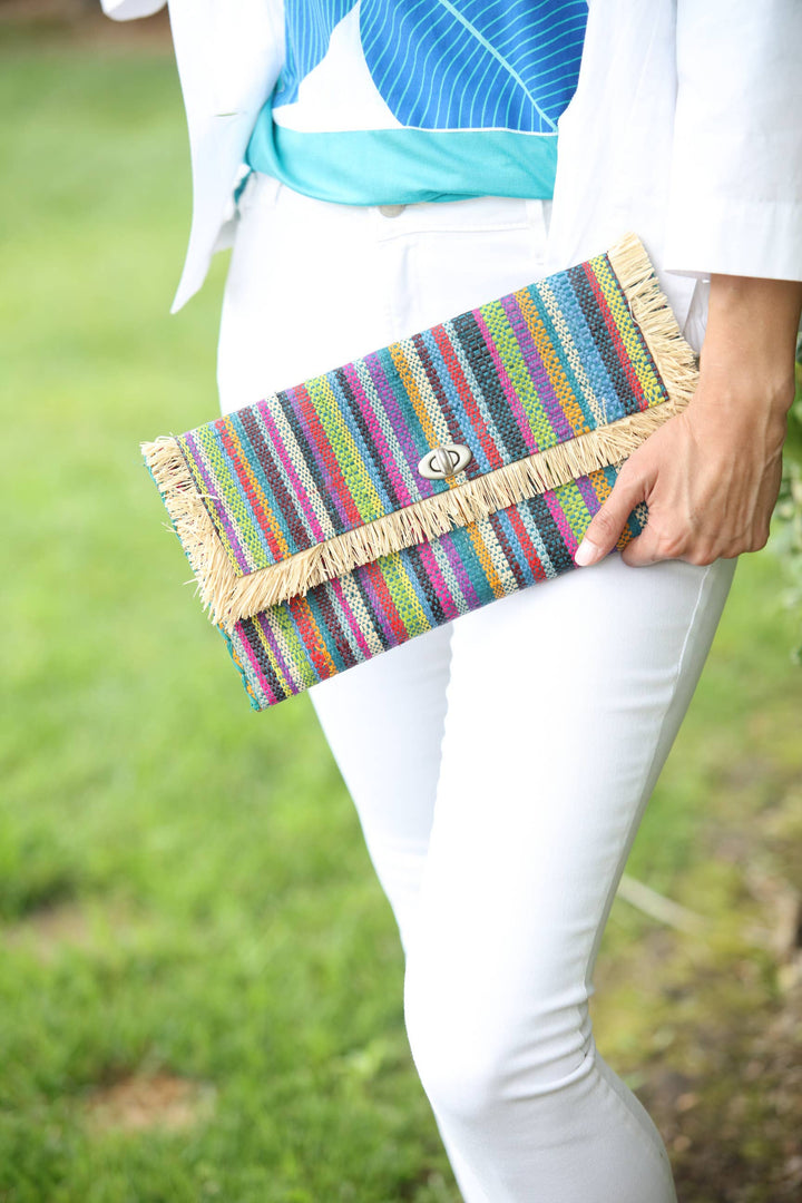 Sophie Straw Envelope Clutch Purse with Raw Fringe Trim Edge: Carmalita