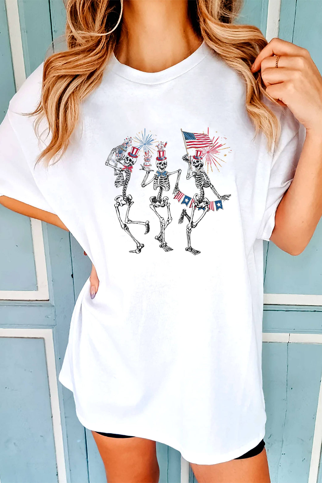 Fourth of July Skellies, 4th of July, Unisex Round Neck T-Shirt: S / White