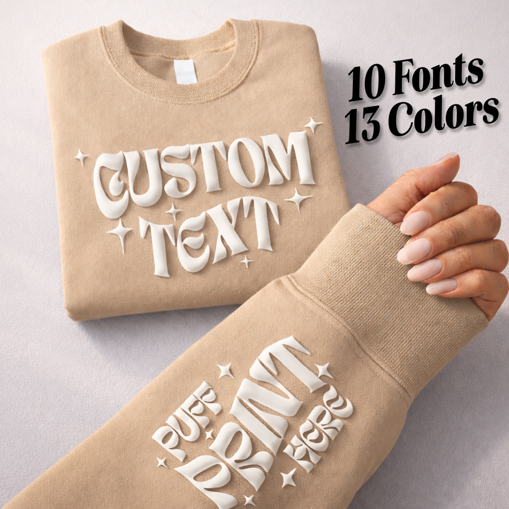CUSTOM Wrist Sleeve & Front Puff Print Unisex Sweatshirt: Black / White / 2XL