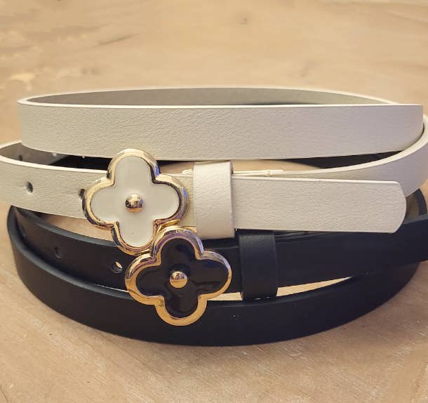 Duo Slim Simple Chic Clover Flower Buckle Leather Belt Set
