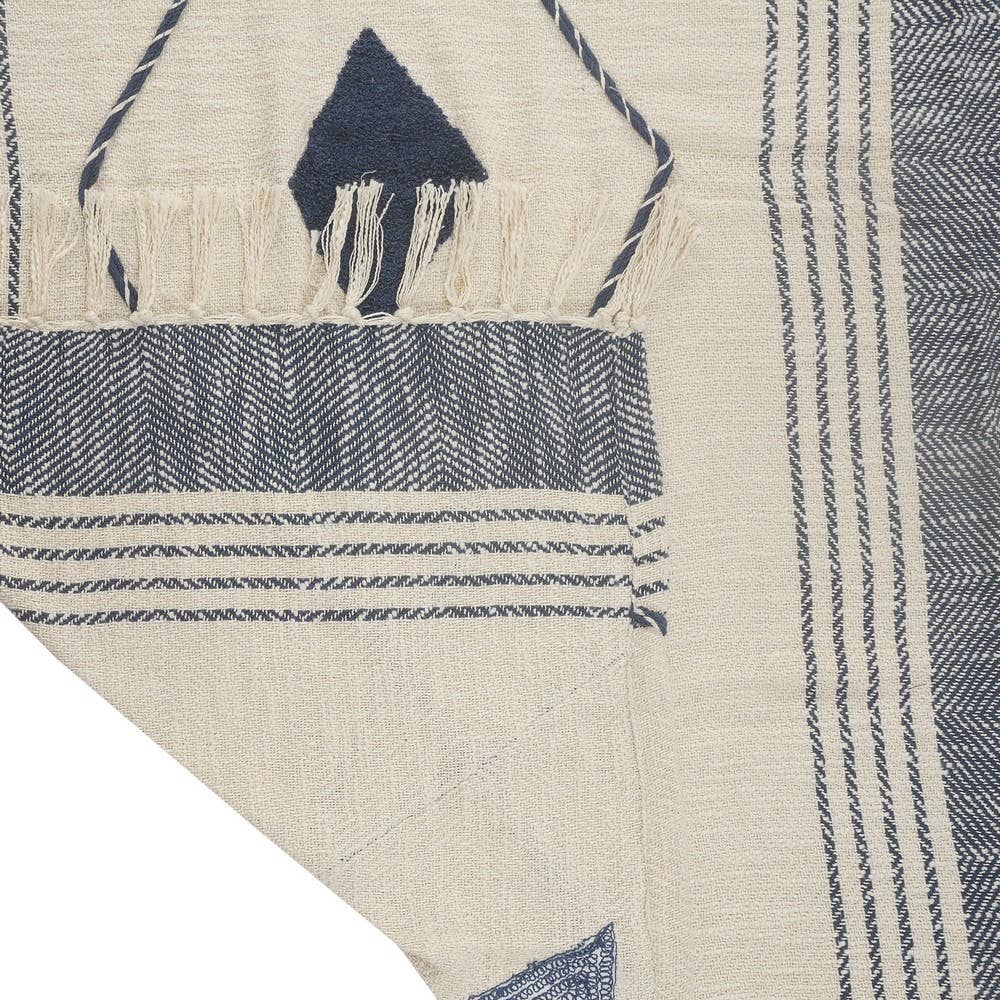 Coastal Edge Geometric Diamond Throw Blanket with Fringe: Blue/White