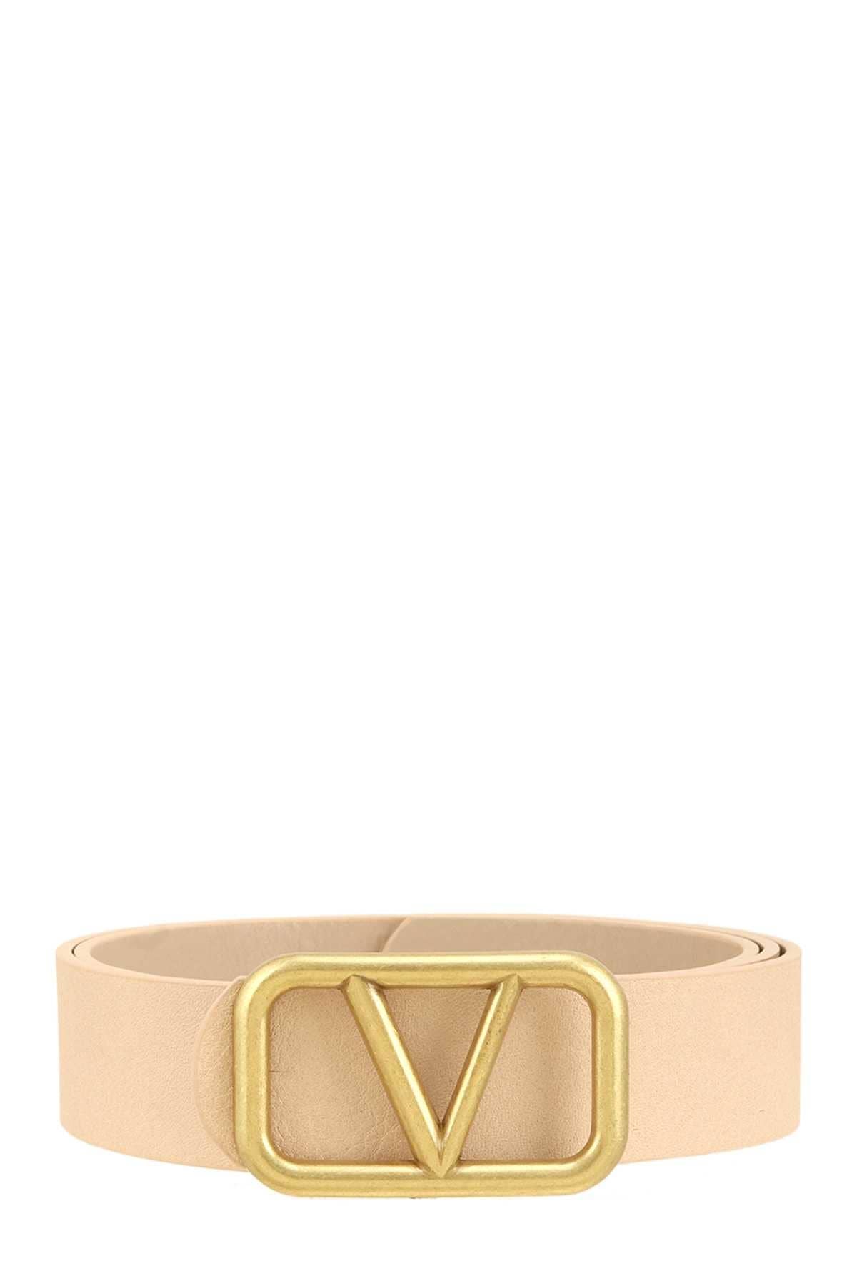 METAL V BUCKLE LEATHER BELT: Camel