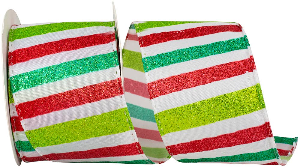 Striped Glittered Bars Christmas Wired Edge Ribbon