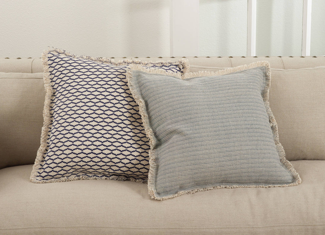 Fringed Pinstriped Pillow - Down Filled: 20" / Blue-Grey / Down Insert