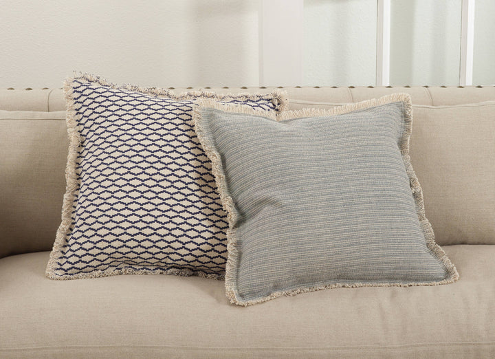Fringed Pinstriped Pillow - Down Filled: 20" / Blue-Grey / Down Insert