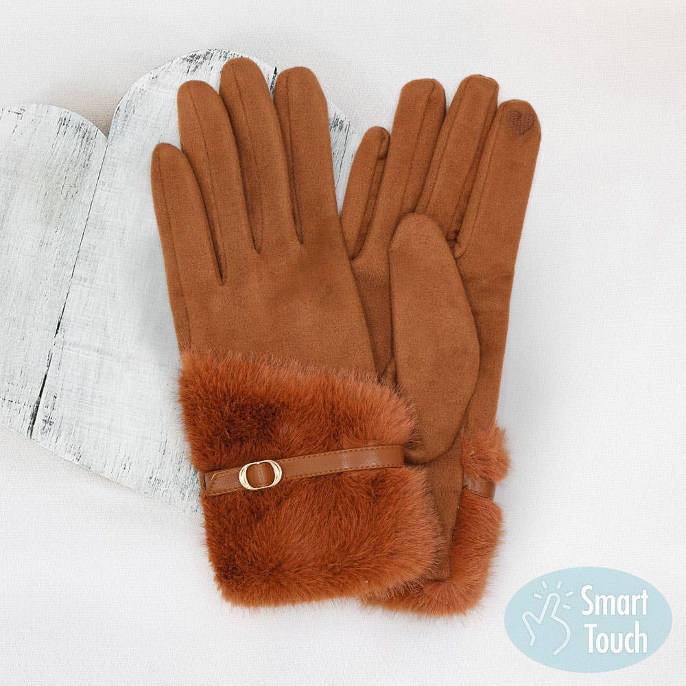 Faux Fur And Strap Cuff Smart Touch Gloves: Taupe