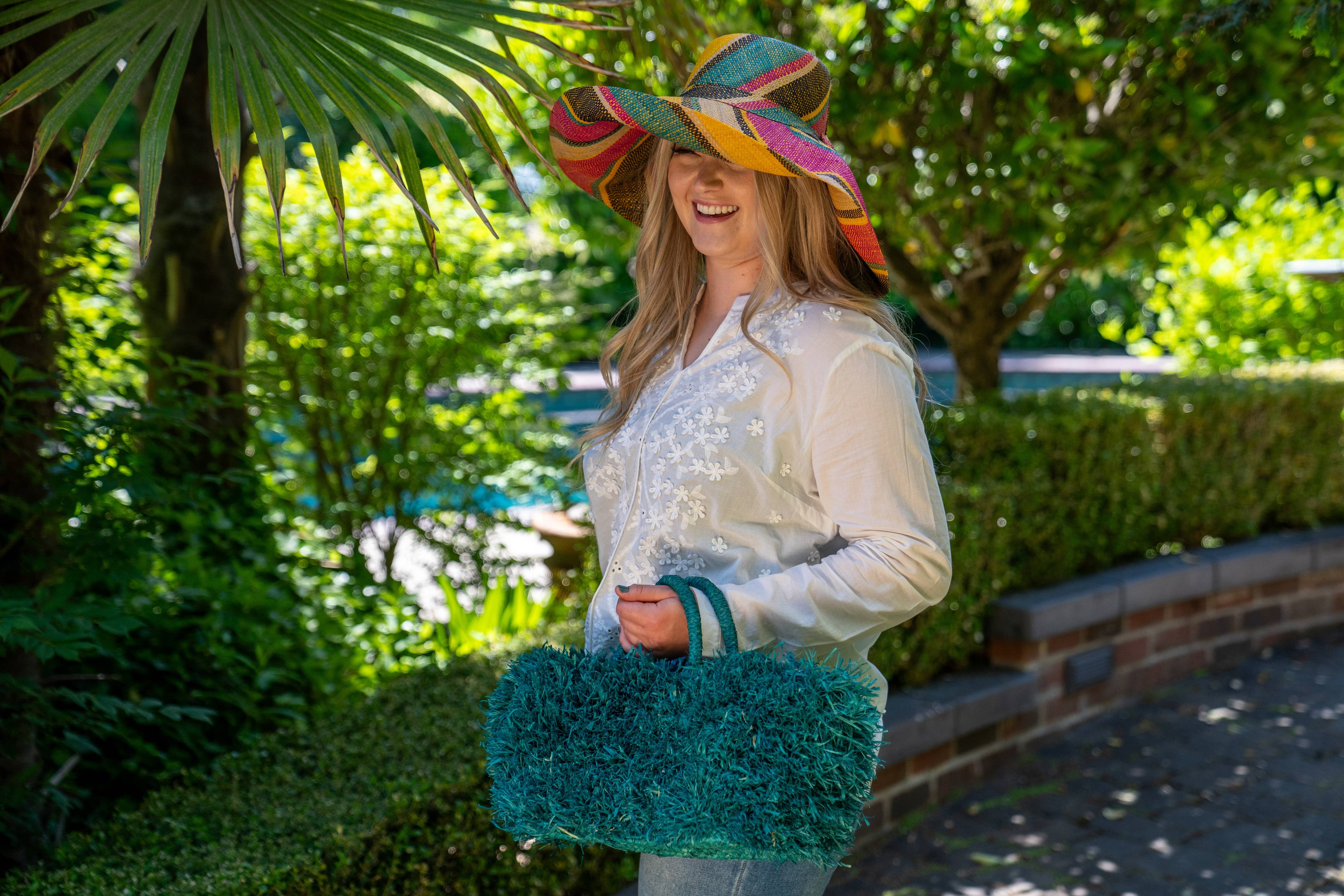 Calypso Pompom Pouf Crochet Straw Basket Handbag: Natural