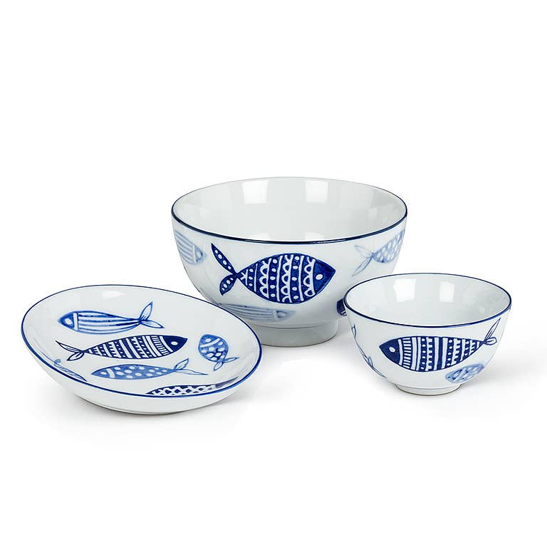 Multi Fish Rice Bowl-Blu/Wht-4" D
