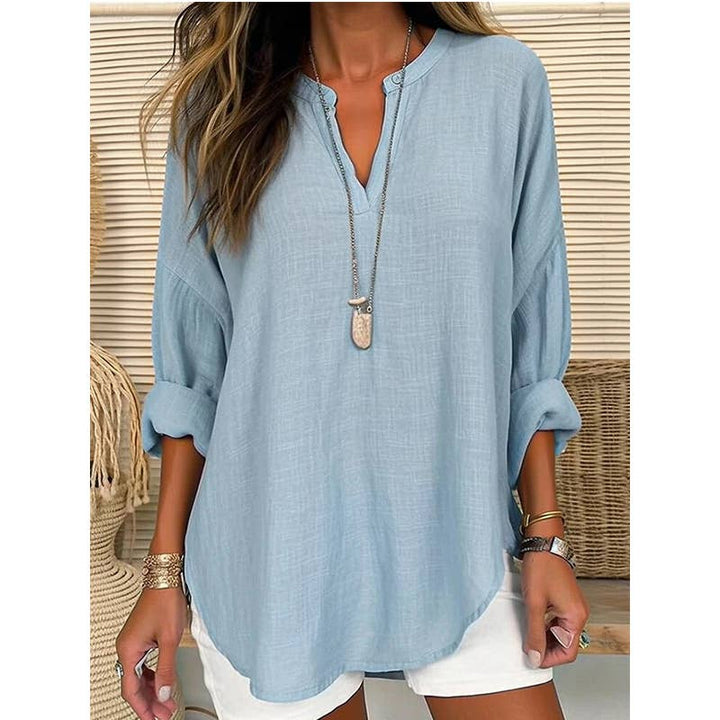 CWTBLL0260_Blouse Linen Long Sleeve Casual V Neck Top: Pink / (S) 1