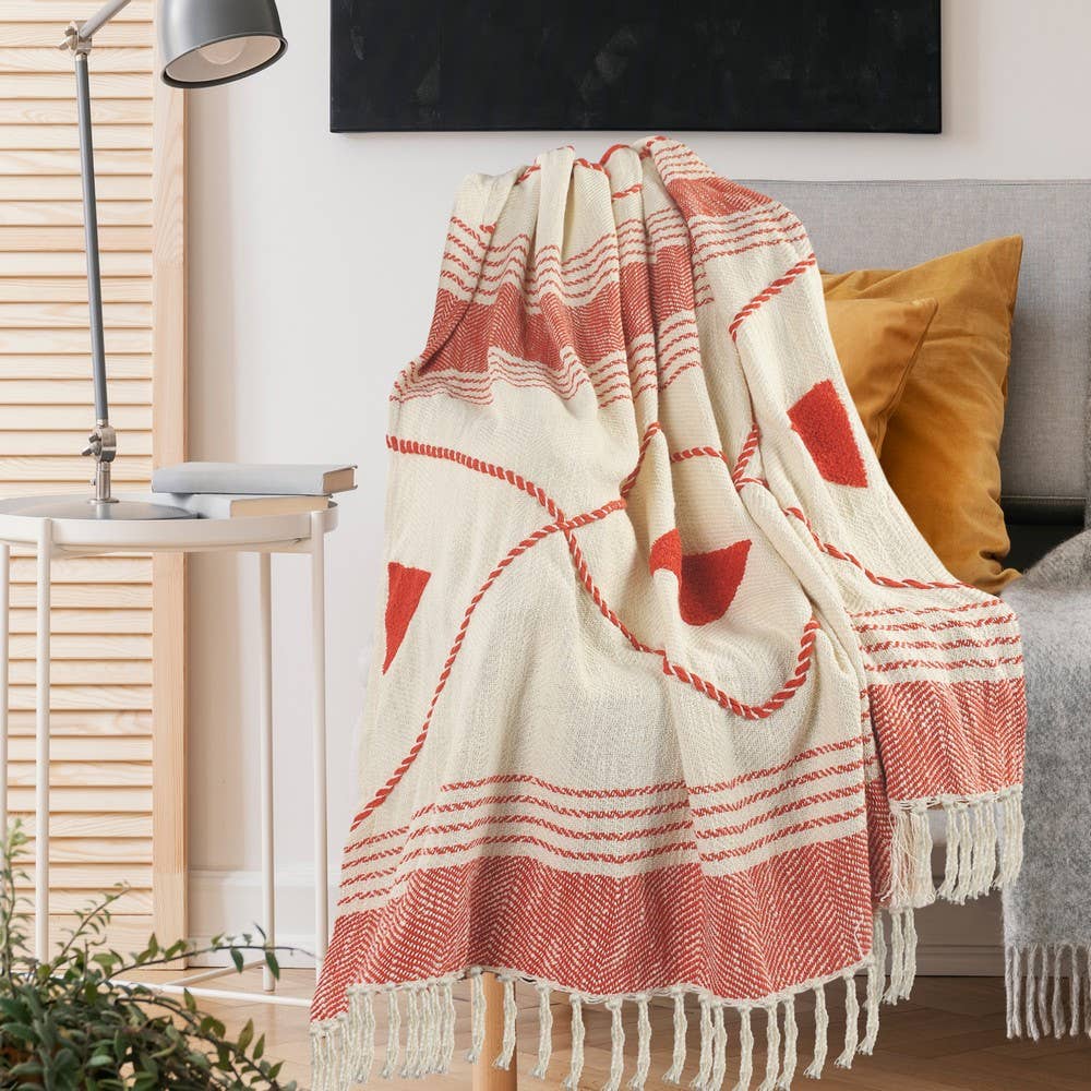 Coastal Edge Geometric Diamond Throw Blanket with Fringe: Blue/White