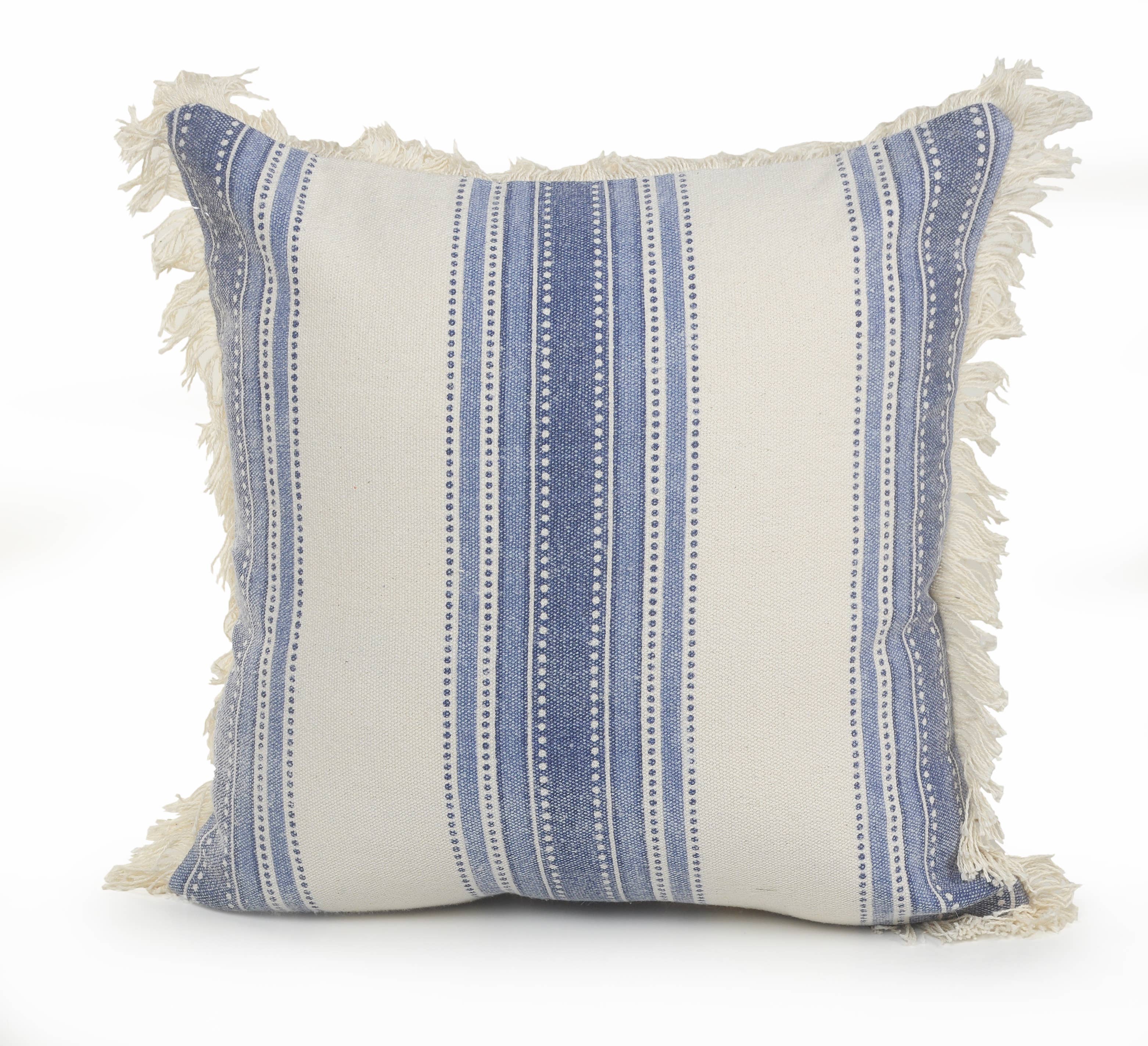 Coastal Striped Blue and Cream Throw Pillow: Navy/Blue/Ivory / Feather Filled