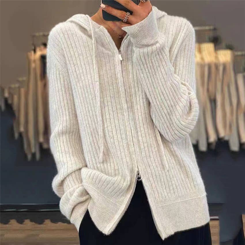 CWOHOL0354_ Casual Zip-Up Open Front Hoodie Cardigan Sweater: IVORY / (OS) 1