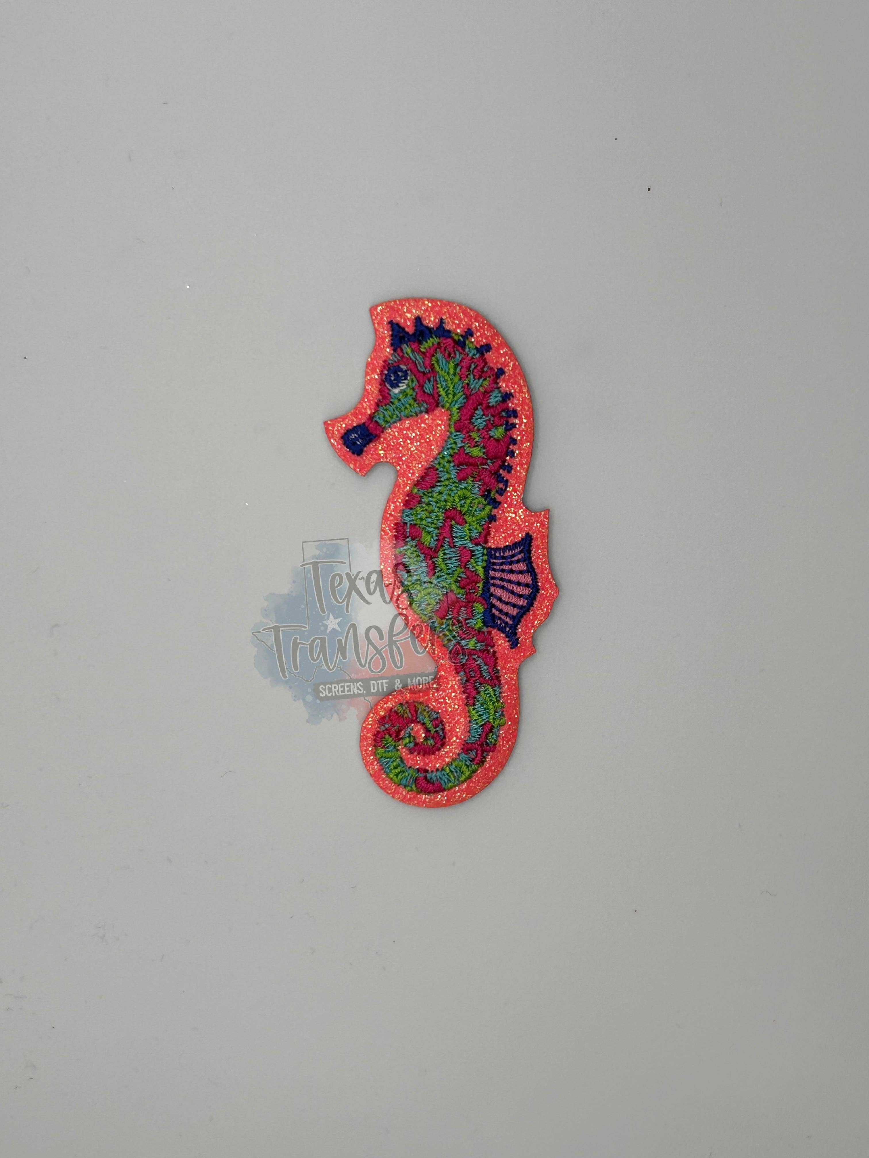 Coral Glitter Seahorse Iron-On PATCH