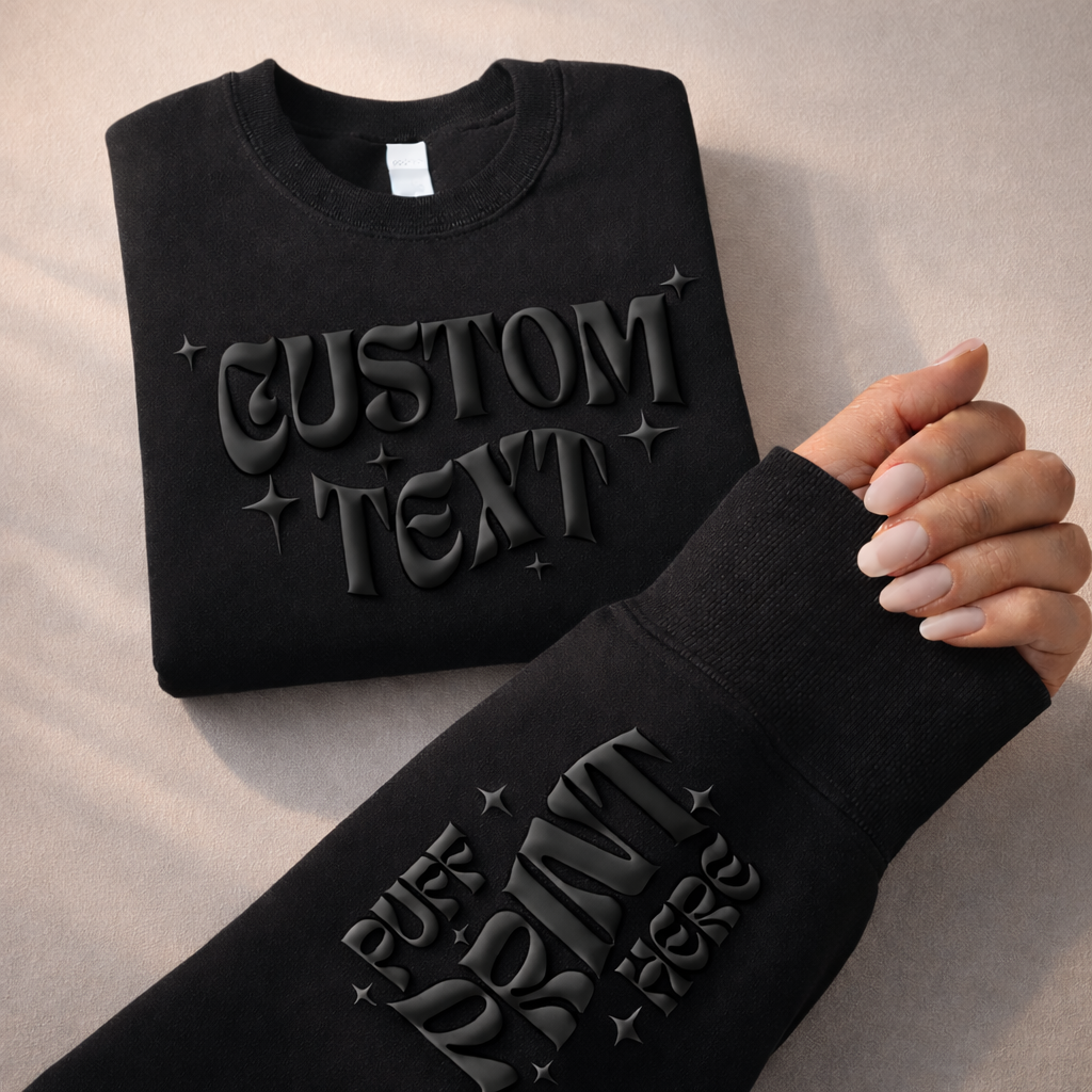 CUSTOM Wrist Sleeve & Front Puff Print Unisex Sweatshirt: Black / White / 2XL