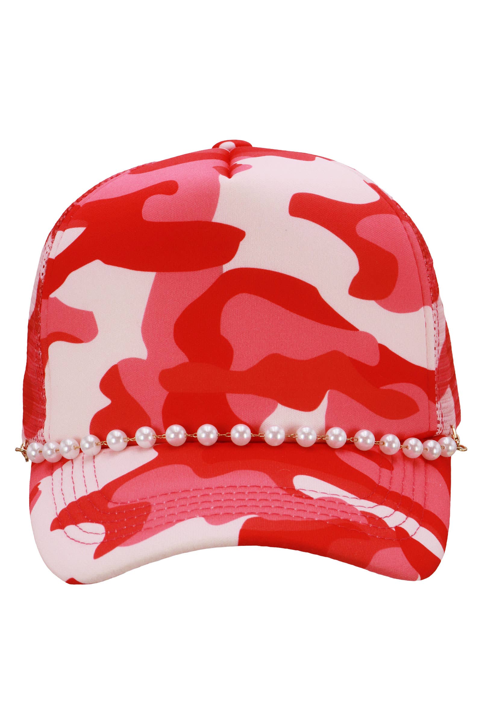 Faux Pearl Chain Foam Mesh Trucker Hat: WHITE/HOT PINK / ONE SIZE